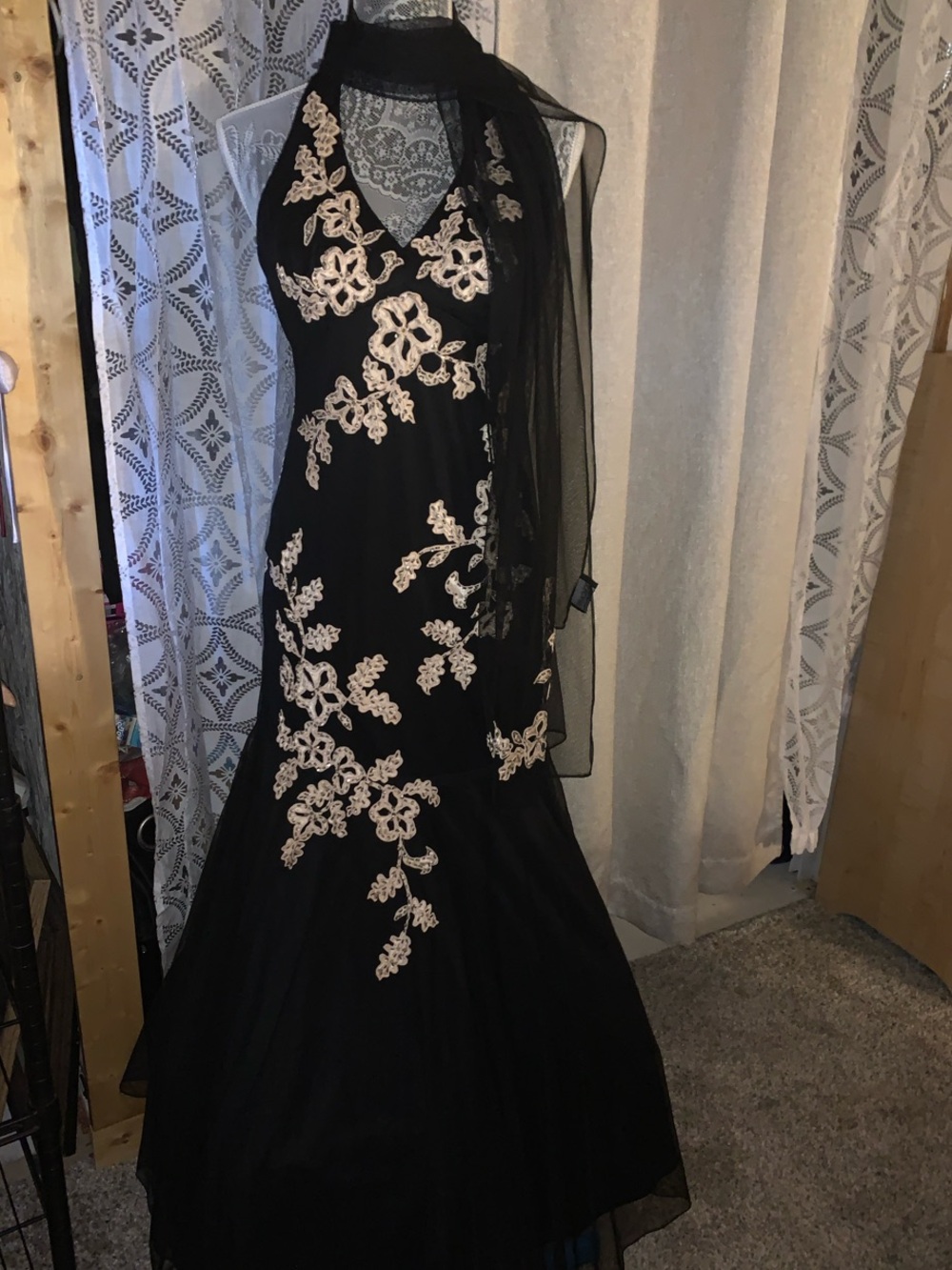 Stunning Black Gown by Xscape with Gold Floral Appliqué•NWT!